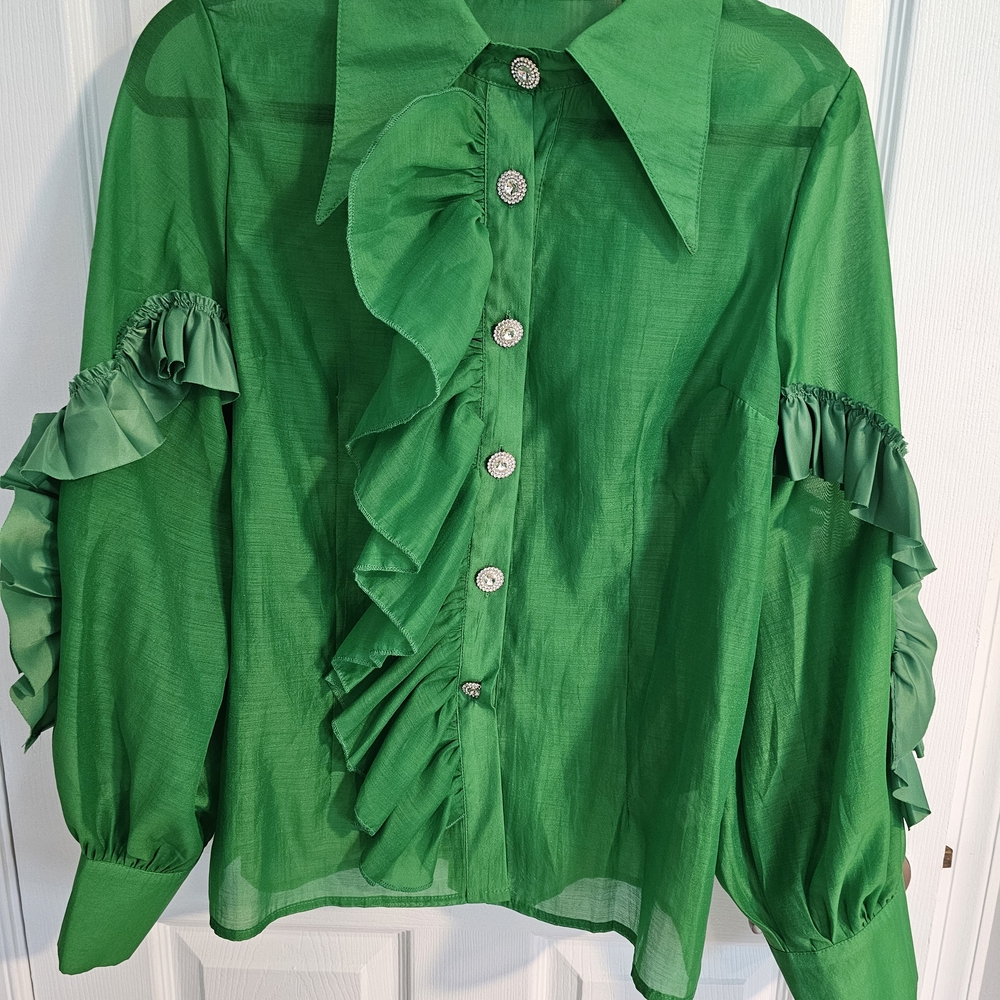 Beulah Green Ruffled Notched Collar Blouse